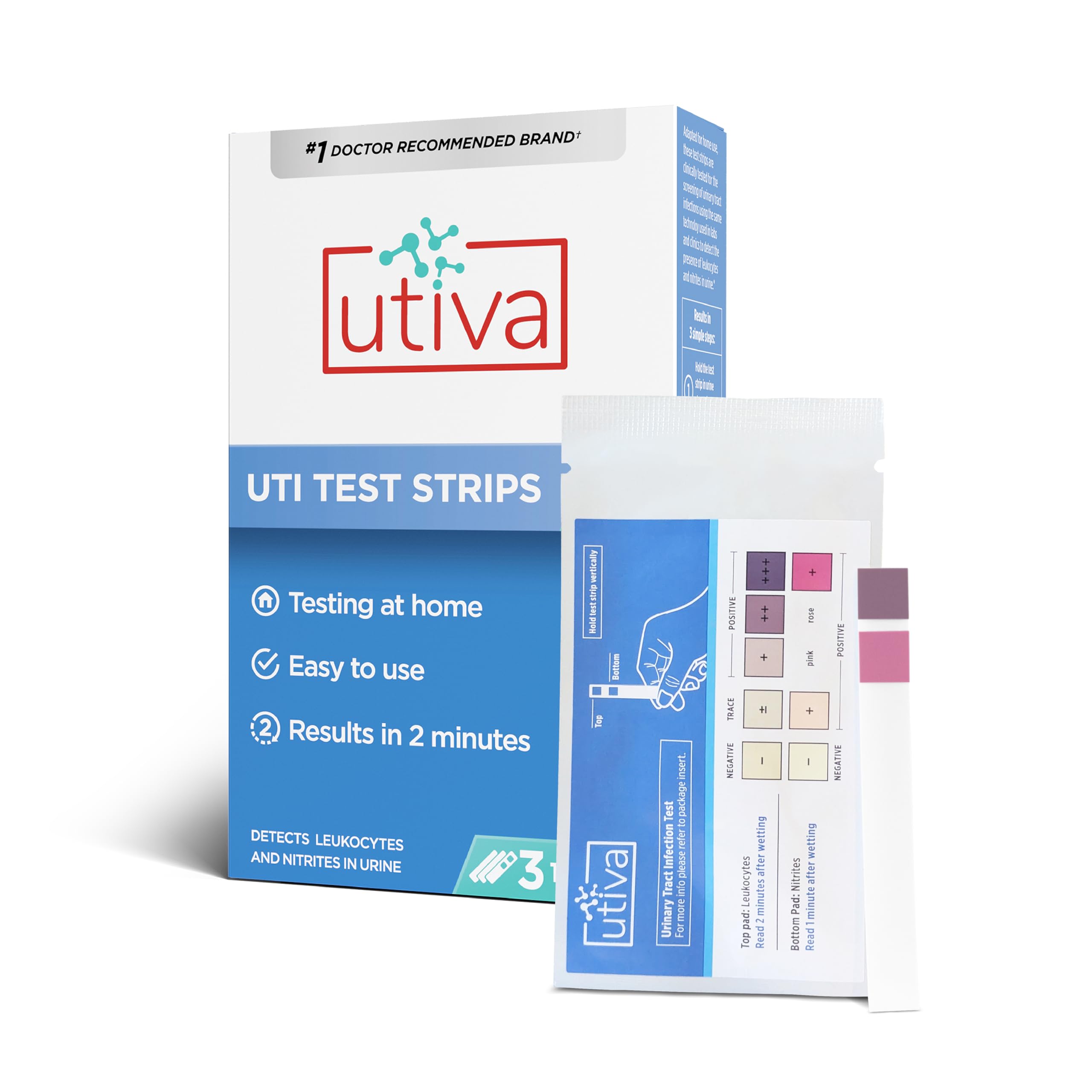 Utiva UTI Test Strips, 2-Minute Urinary Tract Home Test Kit, 3 Tests | Detects l