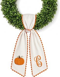 Halloween Pumpkin Wreath Sash Fall Front Door Orange Bow Decor (C) | Soft cotton feel fabric raised embroidery scalloped trim seasonal accent Initials