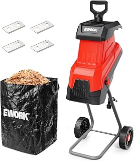 EWORK 15-Amp Electric Wood Chipper Shredder 1.8" Cutting Diameter | 4 SK5 Blades, Dual Safety Protection, 15:1 Reduction Ratio with Collection Bag, Efficient Mulcher for Yard Branches