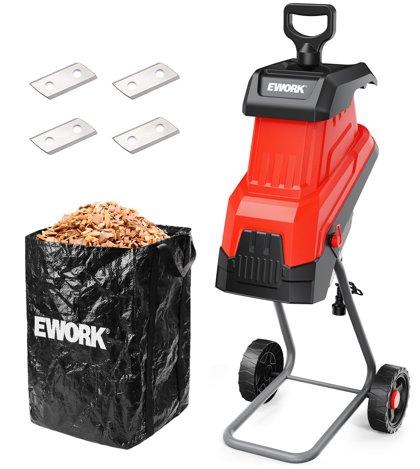 EWORK 15-Amp Electric Wood Chipper Shredder 1.8" Cutting Diameter | 4 SK5 Blades