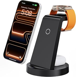 Anlmz 3 in 1 Charging Station - Wireless Charger for Apple Multiple Devices | Fast Charge Stand for iPhone 17-8 iWatch Airpods 4 3 Pro No Tangled Cables Ideal for Desk Bedside with 18W Adapter Black