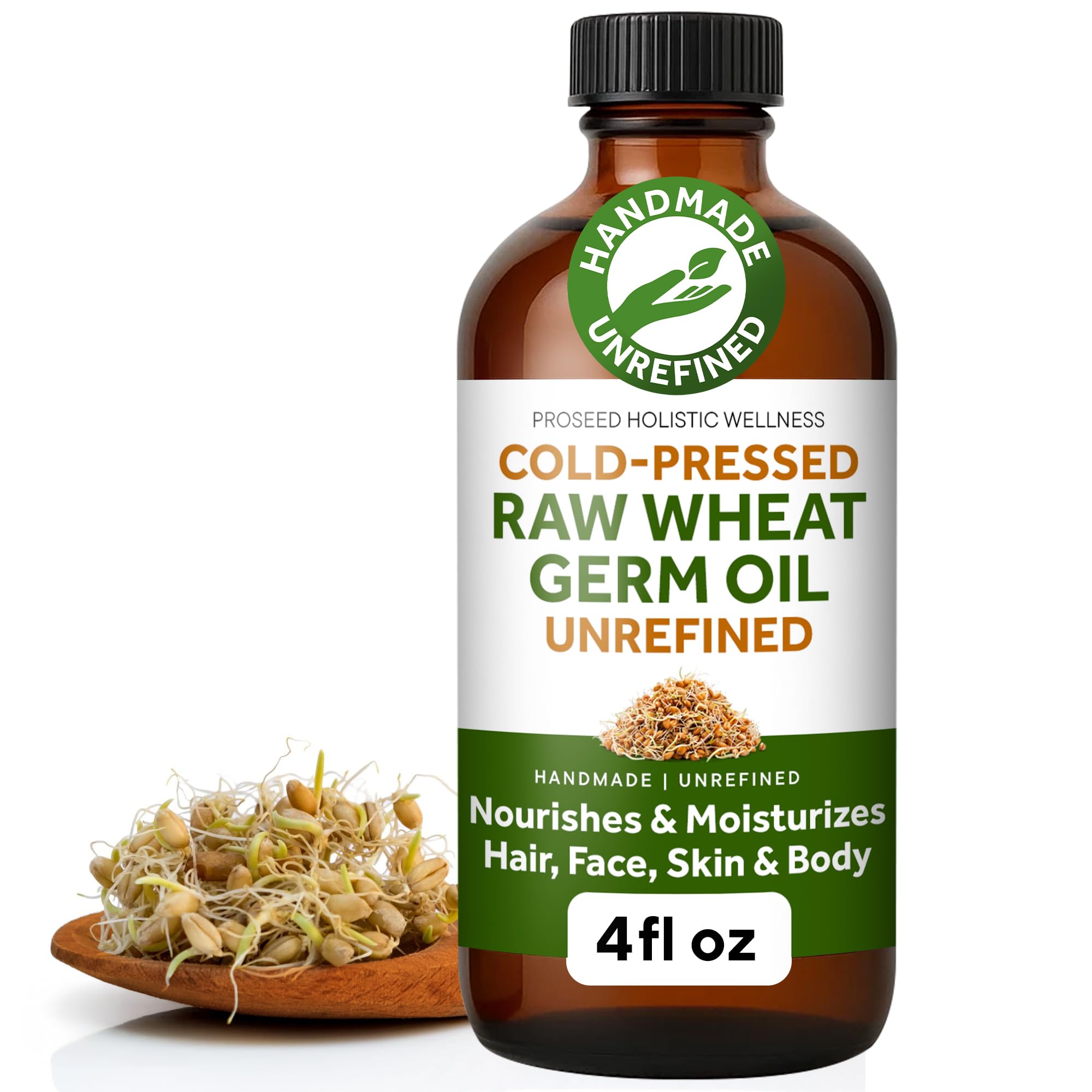 ProSeed Wheat Germ Oil, Virgin Unrefined Cold-Pressed Carrier Oil, 4oz | Virgin,
