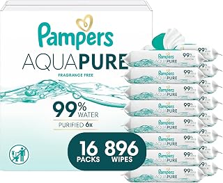 Pampers Aqua Pure Baby Wipes, Unscented, Fragrance Free, 99% Water, Water Based, Multi-Use, 896 Wipes Total (16X Flip-Top Packs)