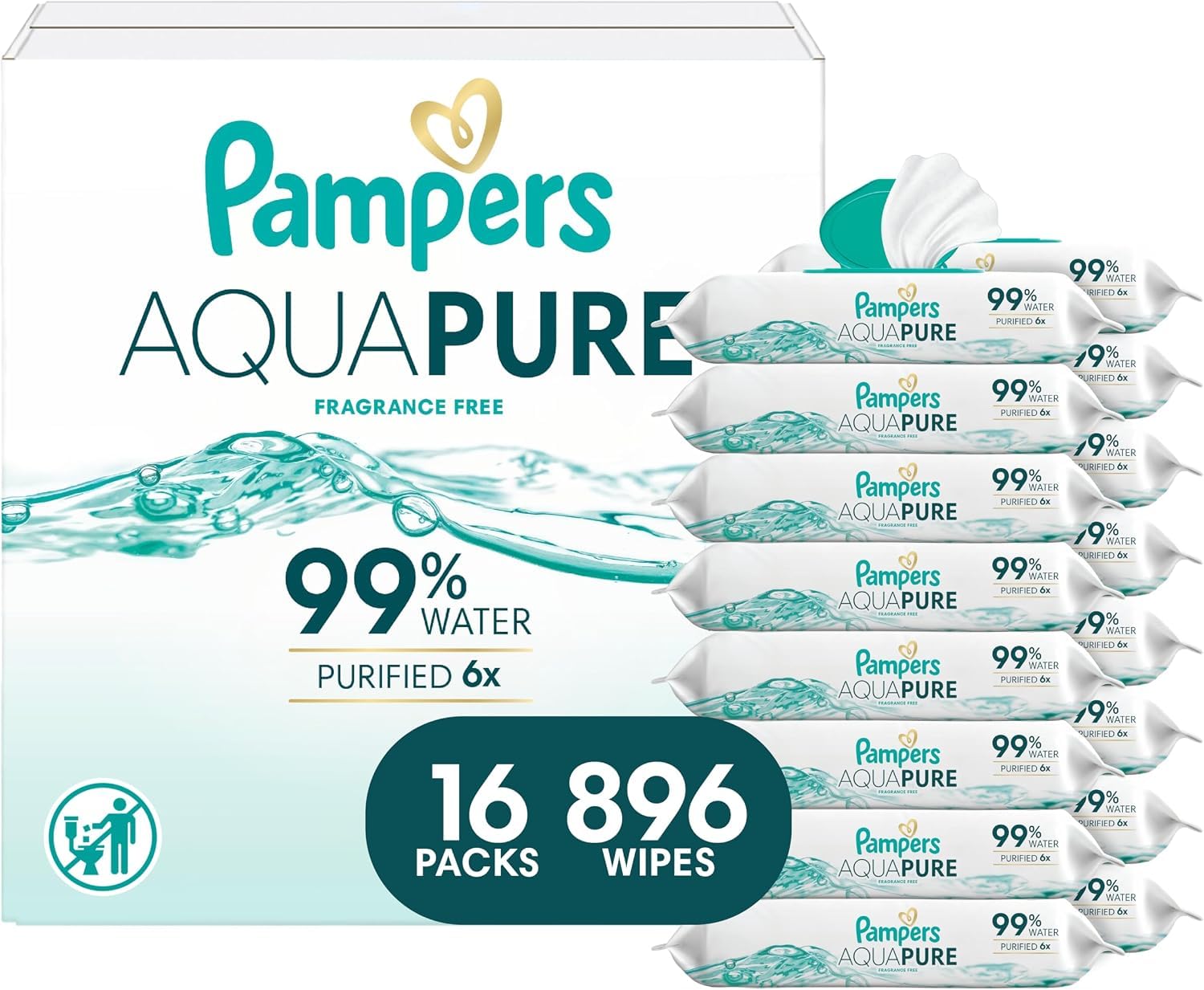 Pampers Aqua Pure Baby Wipes, Unscented, Fragrance Free, 99% Water, Water Based,