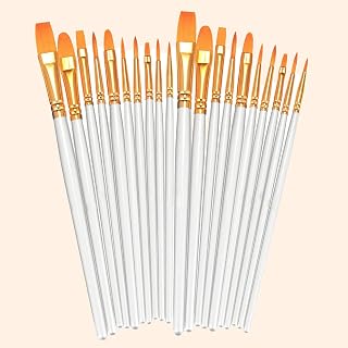 20 Pieces Oil Painting Brushes Set with Plastic Handle and Synthetic Bristles Multiple Shapes Long Handle Thin Use White