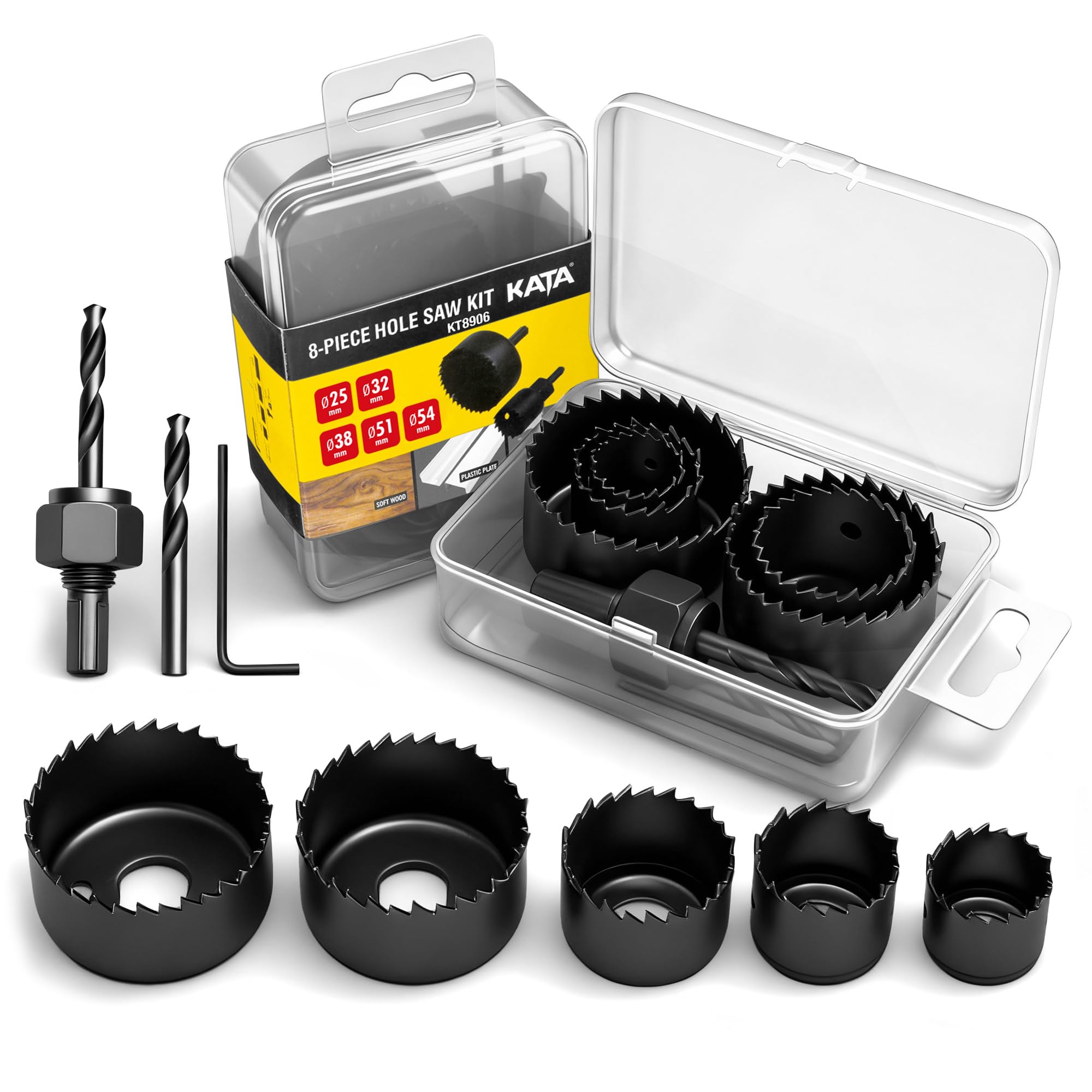 KATA 8PCS Hole Saw Kit 1" to 2-1/8" for Wood, Drywall, PVC, Plastic in Case | Ca