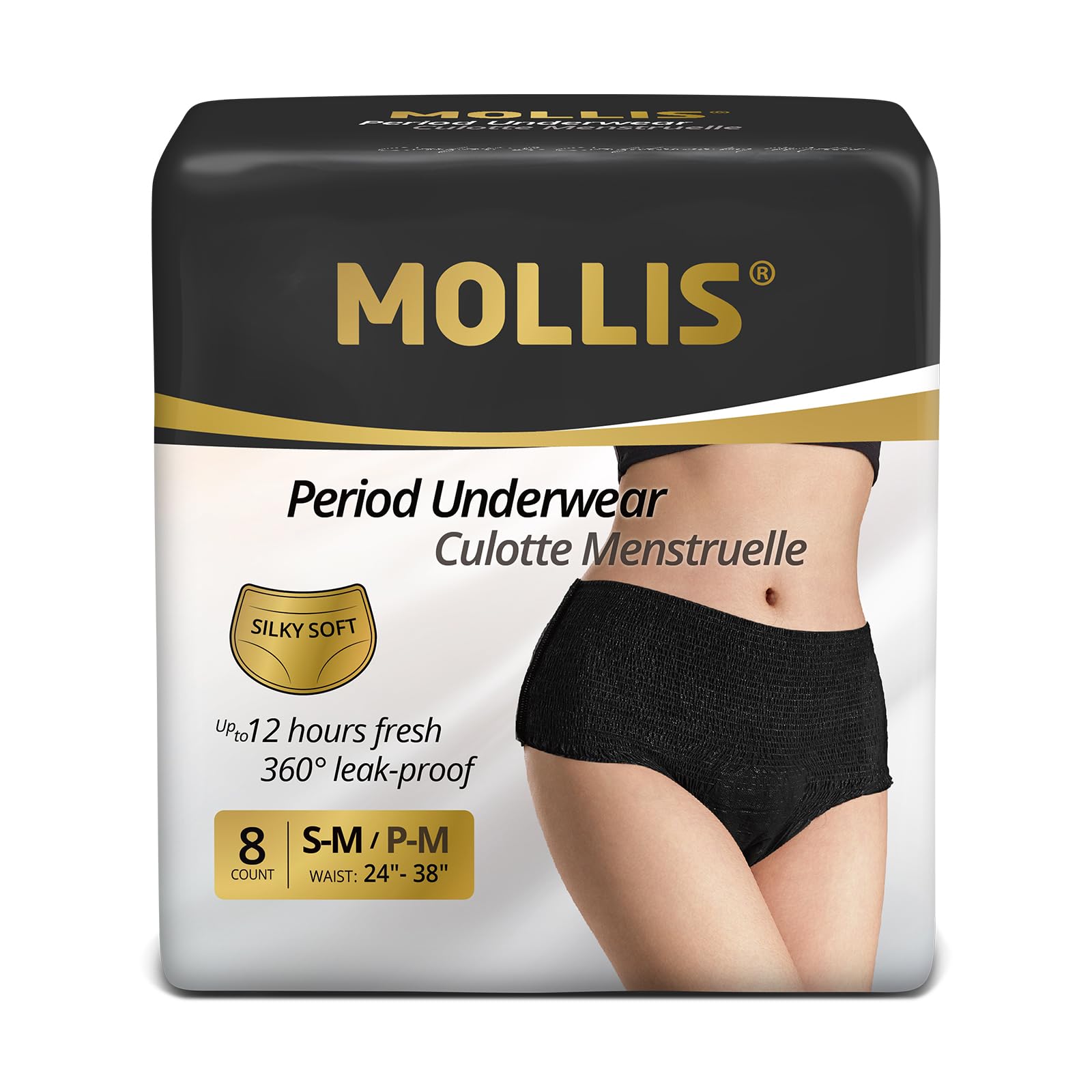 MOLLIS Disposable Period Underwear, Postpartum Panties, S/M, Black, 8Ct | Heavy 