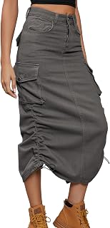 chouyatou Women's Y2K Cargo Skirt Jean Adjustable Casual A-Line Midi Long Denim Skirt