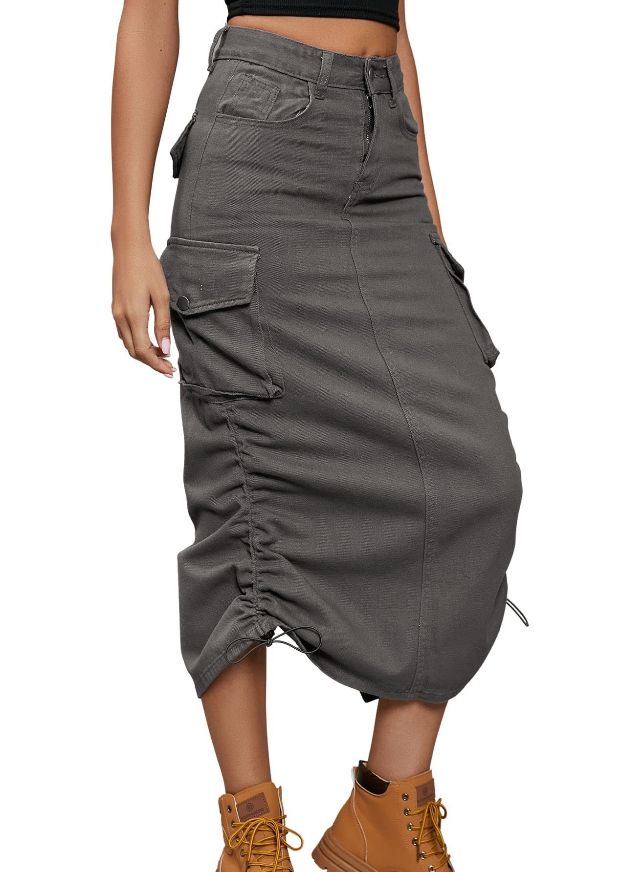 chouyatou Women's Y2K Cargo Skirt Jean Adjustable Casual A-Line Midi Long Denim 