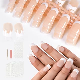 120pcs Medium Length Press-On Nails 5 Kit Pre-Designed V French Fake Nails Salon Glossy Beige Nude Nail Art Tips for Women Girls Daily Nail with Adhesive Tab L3144a