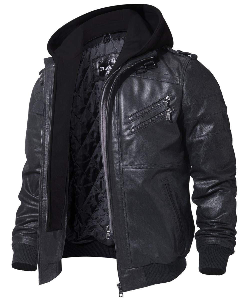 FLAVOR Men's Leather Jacket with Removable Hood Brown Suede