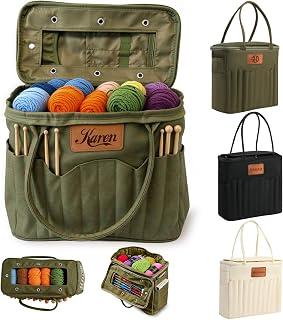 Phexilo Personalized Name Canvas Yarn Bag, Knitting Bag for Crochet Lovers | Canvas Crochet Organizer with Multiple Pockets and Yarn Holes, Large Canvas Yarn Storage Bag, Mom, Grandma, Birthday Gifts