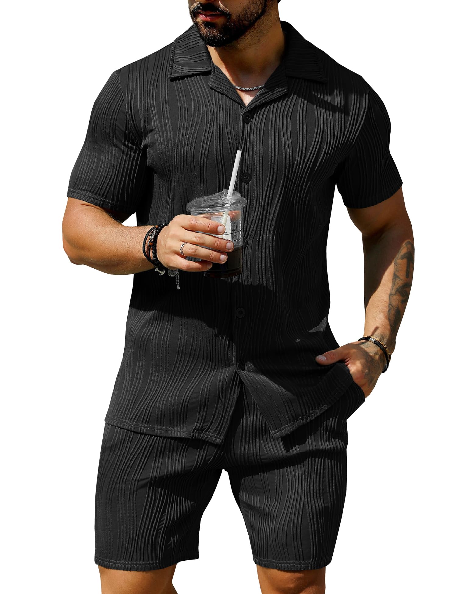 URRU Men's 2 Piece Outfits Short Sleeve Casual Button Down Shirt and Shorts Set