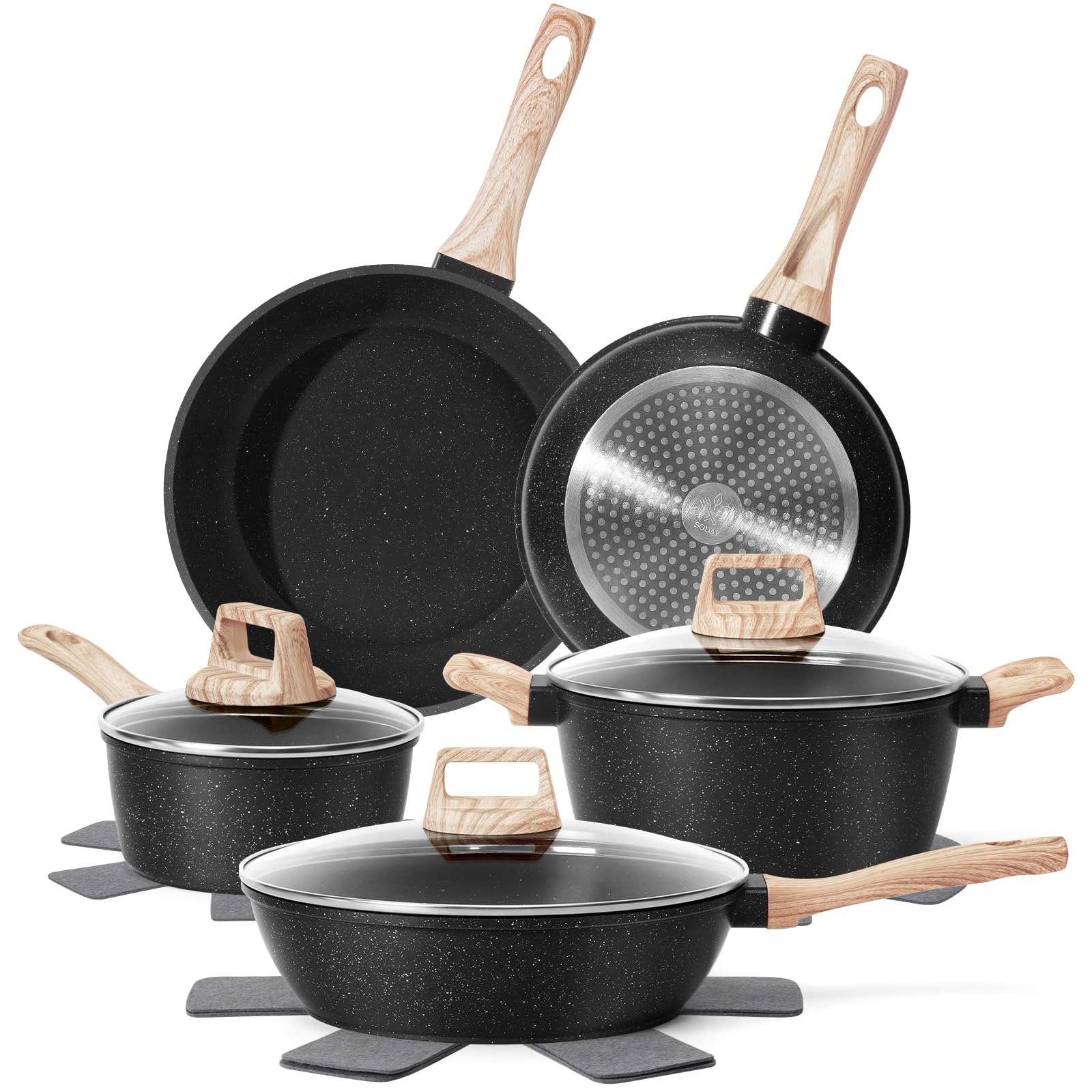 SODAY Pots and Pans Set Non Stick, 12Pcs Black Granite Induction Cookware | PFAS