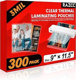 RAZCC Laminating Sheets, 300 Pack Clear Thermal Laminating Plastic Paper Laminator Sheets, 9 x 11.5-Inch, 3mil, Ideal Office or School Supplies