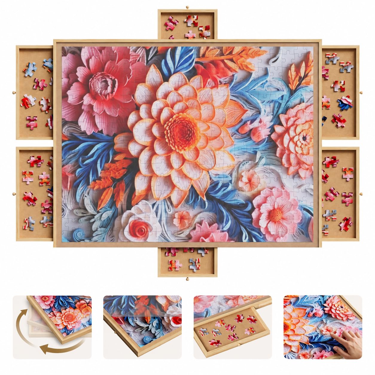Rotating Puzzle Board w 6 Drawers & Cover for 1500 Pieces, Jigsaw Boards | 35.04
