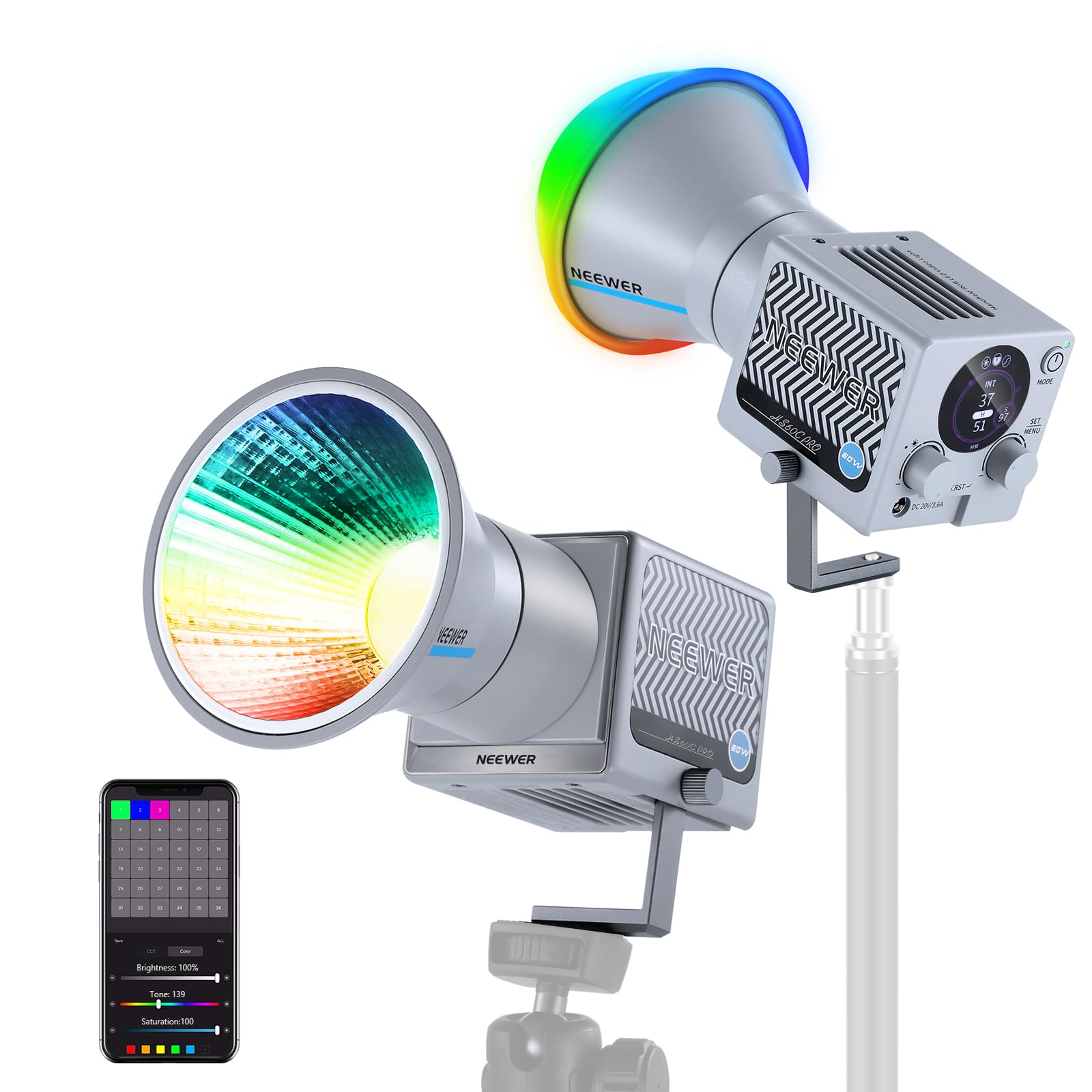 NEEWER HS60C Pro 60W Portable RGB LED Video Light, APP DMX/Panel Control/Custom 