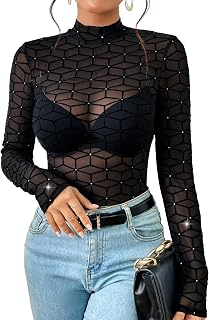 Avidlove Womens Sheer Mesh Top Long Sleeve Stand Collar Sheer Blouse Sheer Blouse XS-XXL