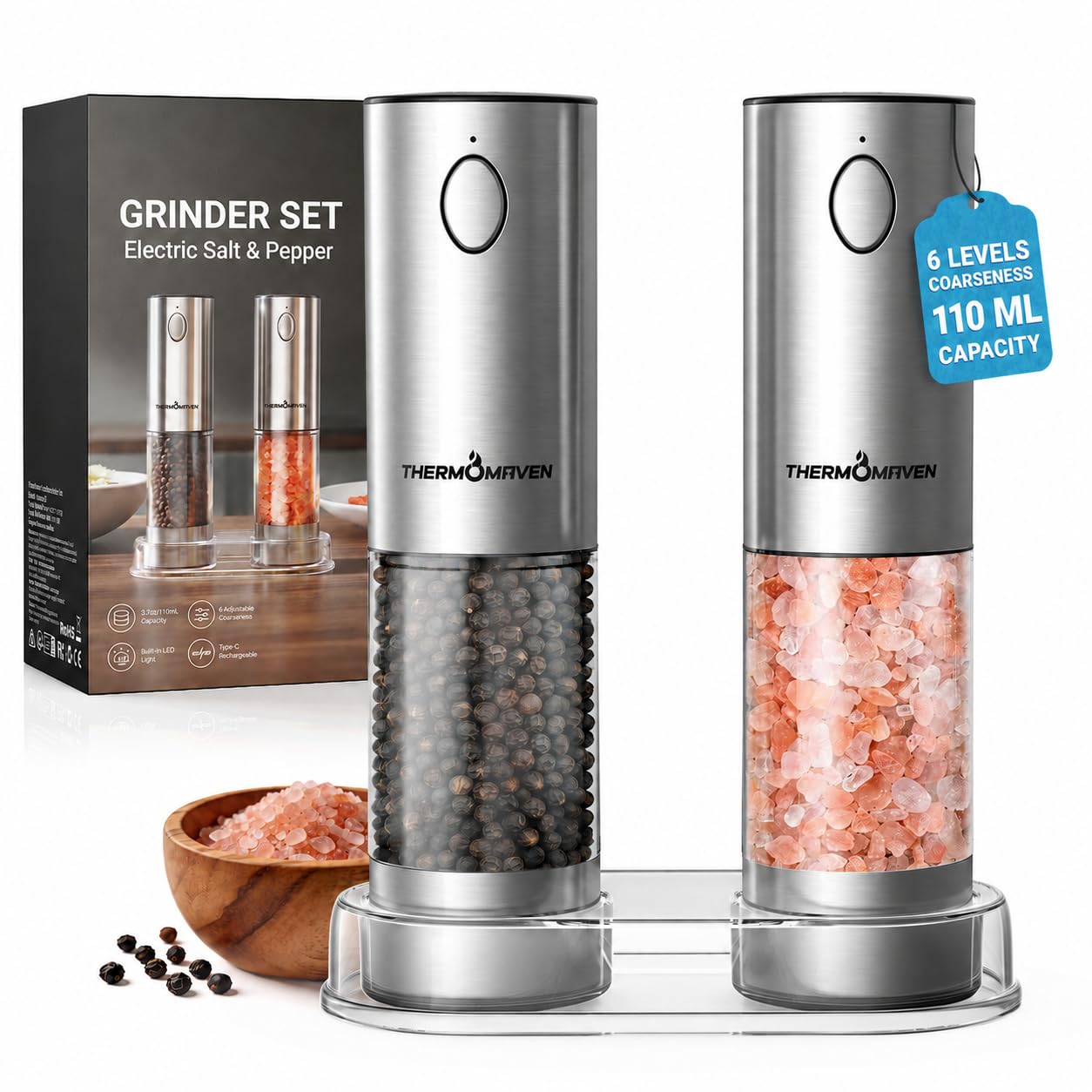 ThermoMaven Upgraded Larger Capacity Electric Salt and Pepper Grinder Set, 110ml