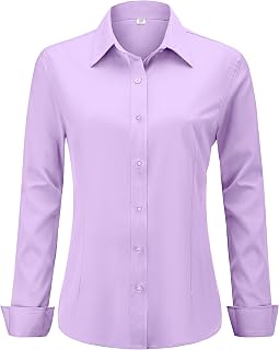 hearain Soft Wrinkle-Free Women's Button Down Dress Shirts Solid Long Sleeve Work Blouses Fit Stretch Casual Tops XXS-6XL