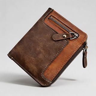 Mens Full Grain Leather Wallet, Dark Brown Slim Zipper Wallet with 5 Card Slots, ID Window, Coin Pocket for Daily Use, Great Gift for Men