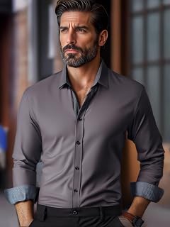 Camicia da uomo slim fit, a maniche lunghe, con bottoni, per ufficio, lavoro, eventi formali e abbigliamento casual