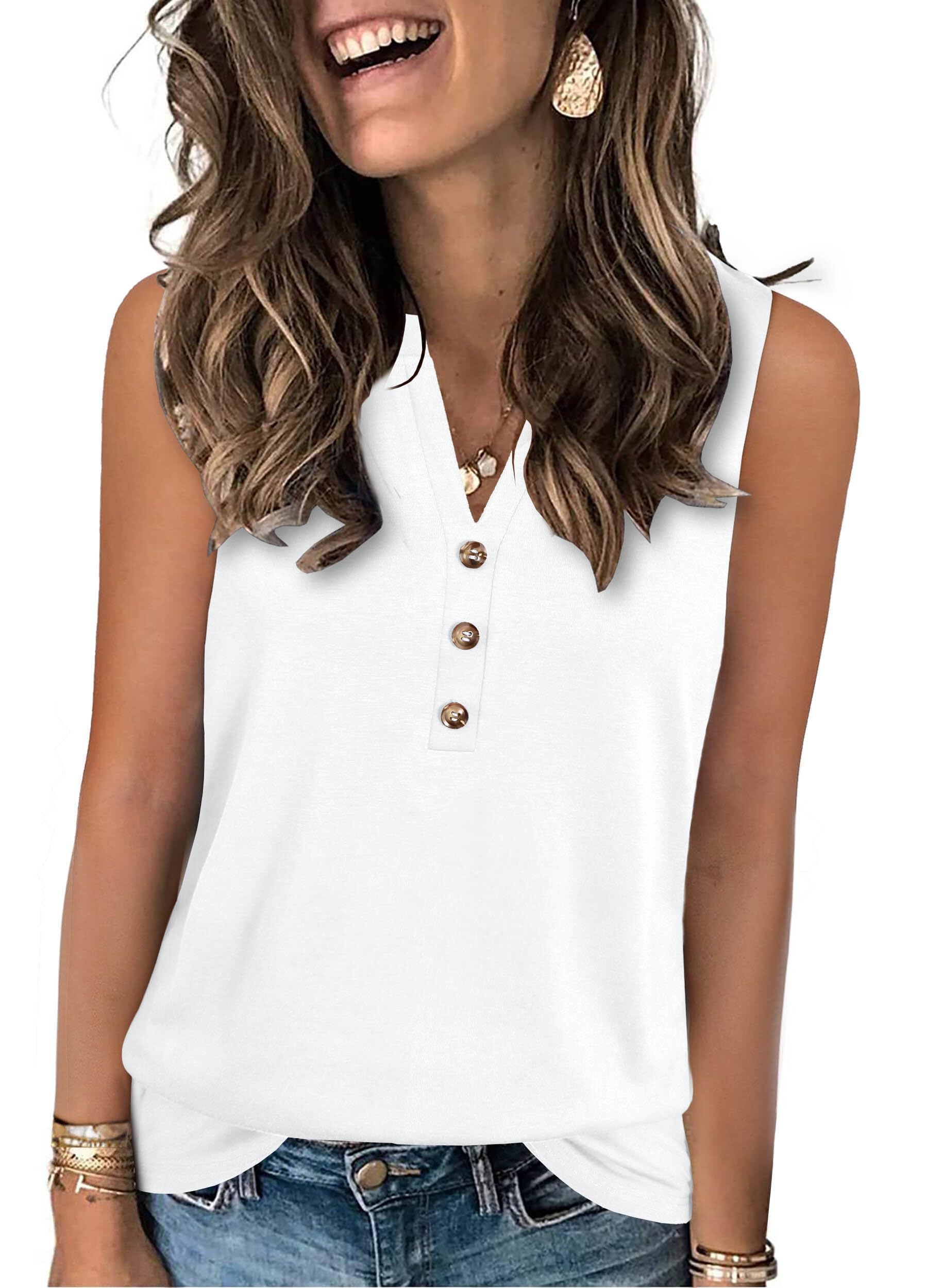 XMTOPYE Womens Summer Tank Top V Neck Sleeveless Tops Button Shirts Loose Fit Ba