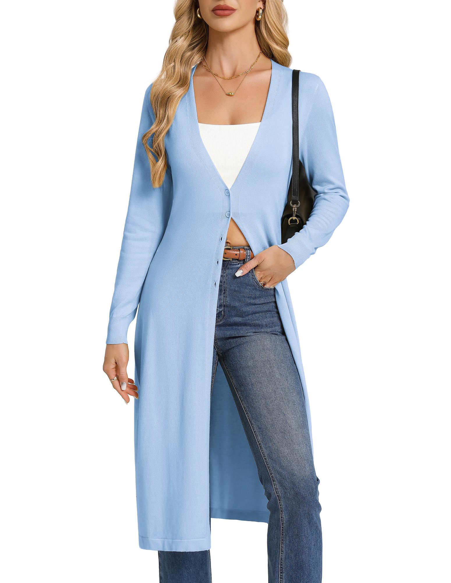 GRACE KARIN Women's Lightweight Long Cardigan with Elegant V-Neck and Buttons