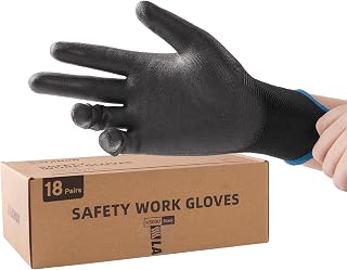 LANON Work Gloves for Men and Women, 18 Pairs PU Coated, Black, Medium