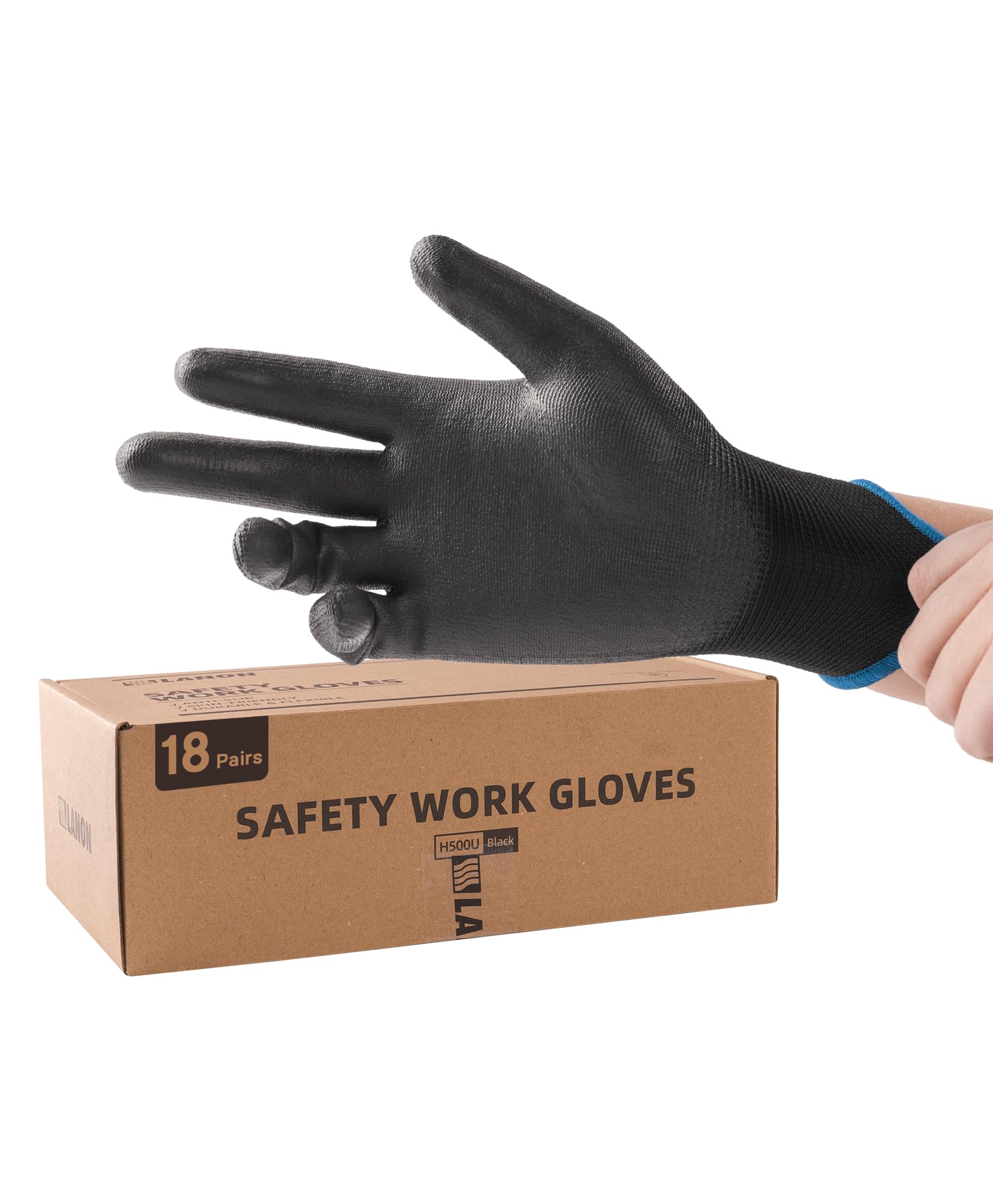 LANON Work Gloves for Men and Women, 18 Pairs PU Coated, Black, Medium