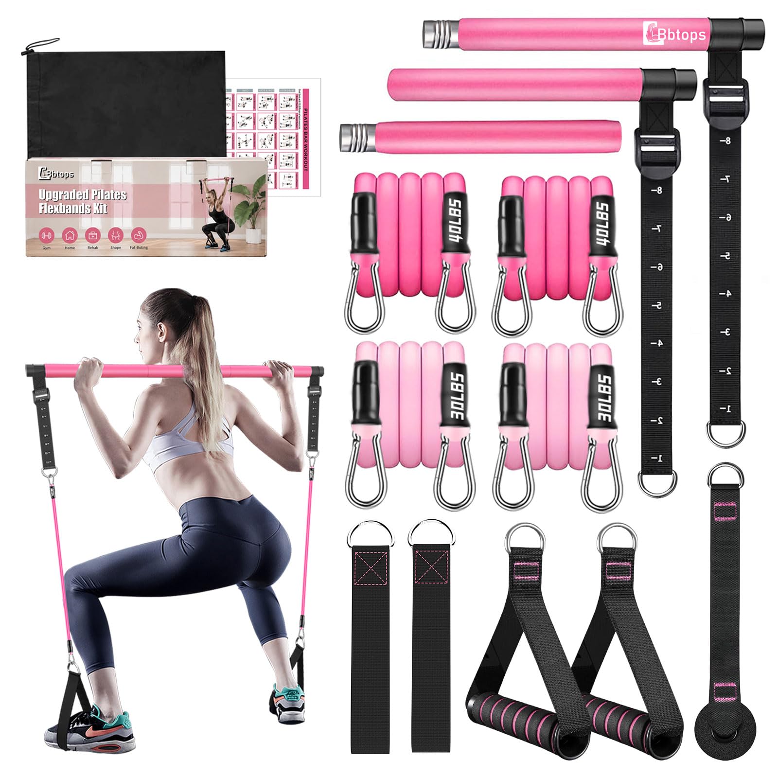 Bbtops Pilates Bar Kit with Resistance Bands,Pilates Bar with Stackable Bands Wo