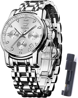 OLEVS Mens Watches Dress Designer Diamond Analog Quartz Stainless Steel Silver Waterproof Metal Date Chronograph Roman Numerals Gent Wrist Watch