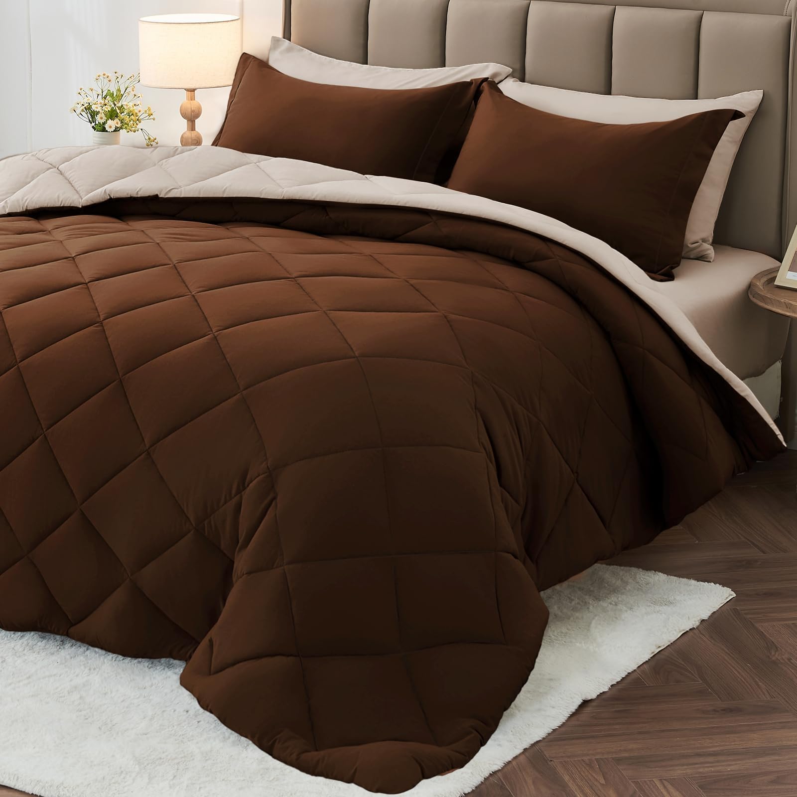 MUXHOMO King Comforter Set 7 Pieces, Reversible Bed in a Bag, Brown/Khaki