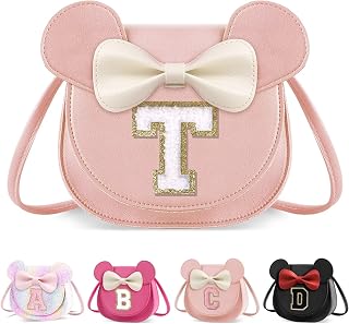 XSUIOY Toddler Purse Girl Wallet for Kids 2-9 Year Old Birthday Gifts,Cute Mouse Ear Bow Crossbody Shoulder Purses,Personalized Initial Purse Toddler Wallet Gifts for Little Girl(pink_T)