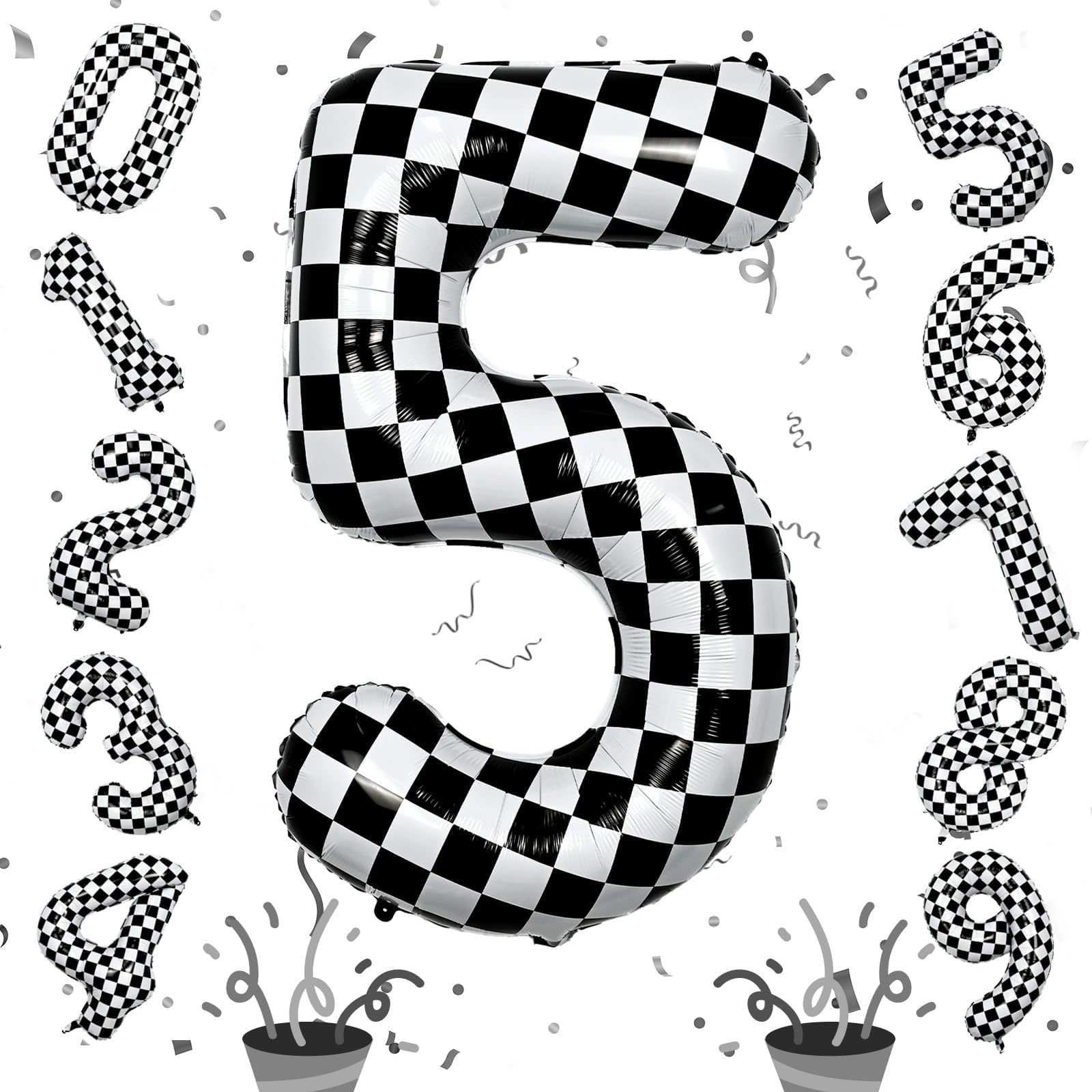 40 Inch Checkered 5 Number Balloons, Large Foil Self Inflating 5th Birthday Raci