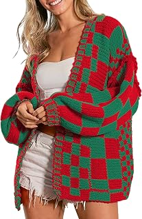 SELINK Women's Cardigan Sweater Vintage Open Front Mixed Checkered Pattern Chunky Knit Plaid Long Sleeve Daily Outwear