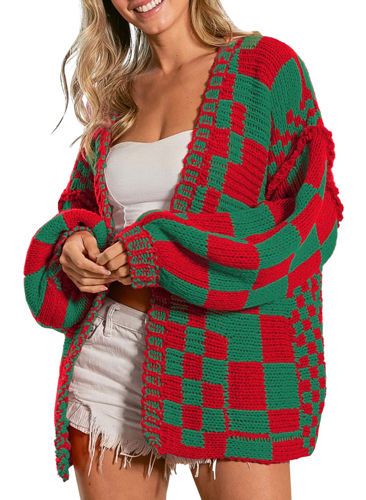 SELINK Women's Cardigan Sweater Vintage Open Front Mixed Checkered Pattern Chunk
