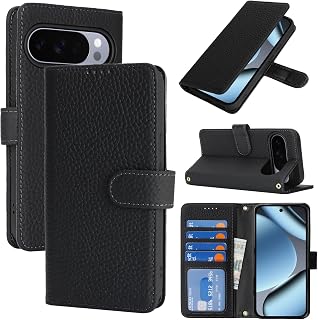 SailorTech Case for Google Pixel 10/10 Pro Genuine Leather with Wallet Card Slot, Flip Folio Book with Kickstand Magnetic Cover Leather Protective Shockproof Phone Cover for Pixel 10 Purse Case-Black