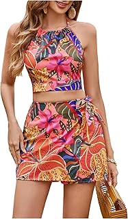 SweatyRocks Women's Tropical Halter Top and Shorts 2 Piece Vacation Outfits