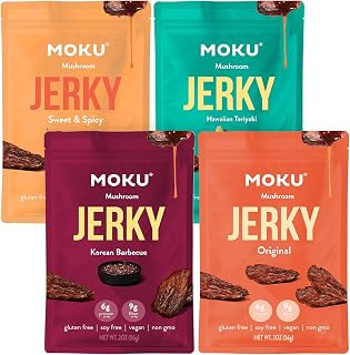 Moku Plant-Based Mushroom Jerky, Vegan, Gluten Free, Soy-Free, Non-Gmo, No Artificial Sweetener, Healthy Snacks, 2.0 Oz Ea (4 Count, Variety)