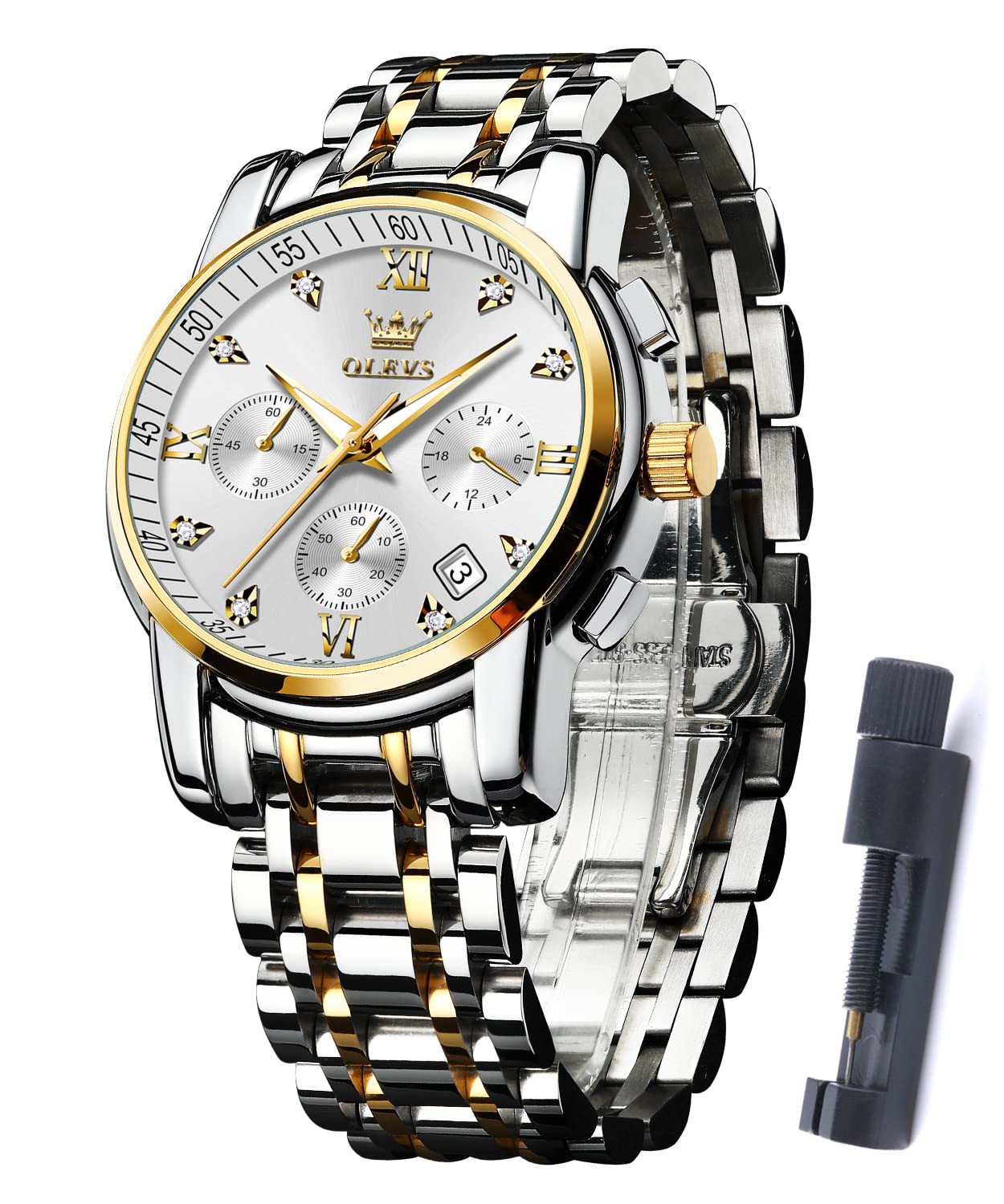 OLEVS Men's Watch Diamond Analog Silver Stainless Steel Waterproof Date Chronogr