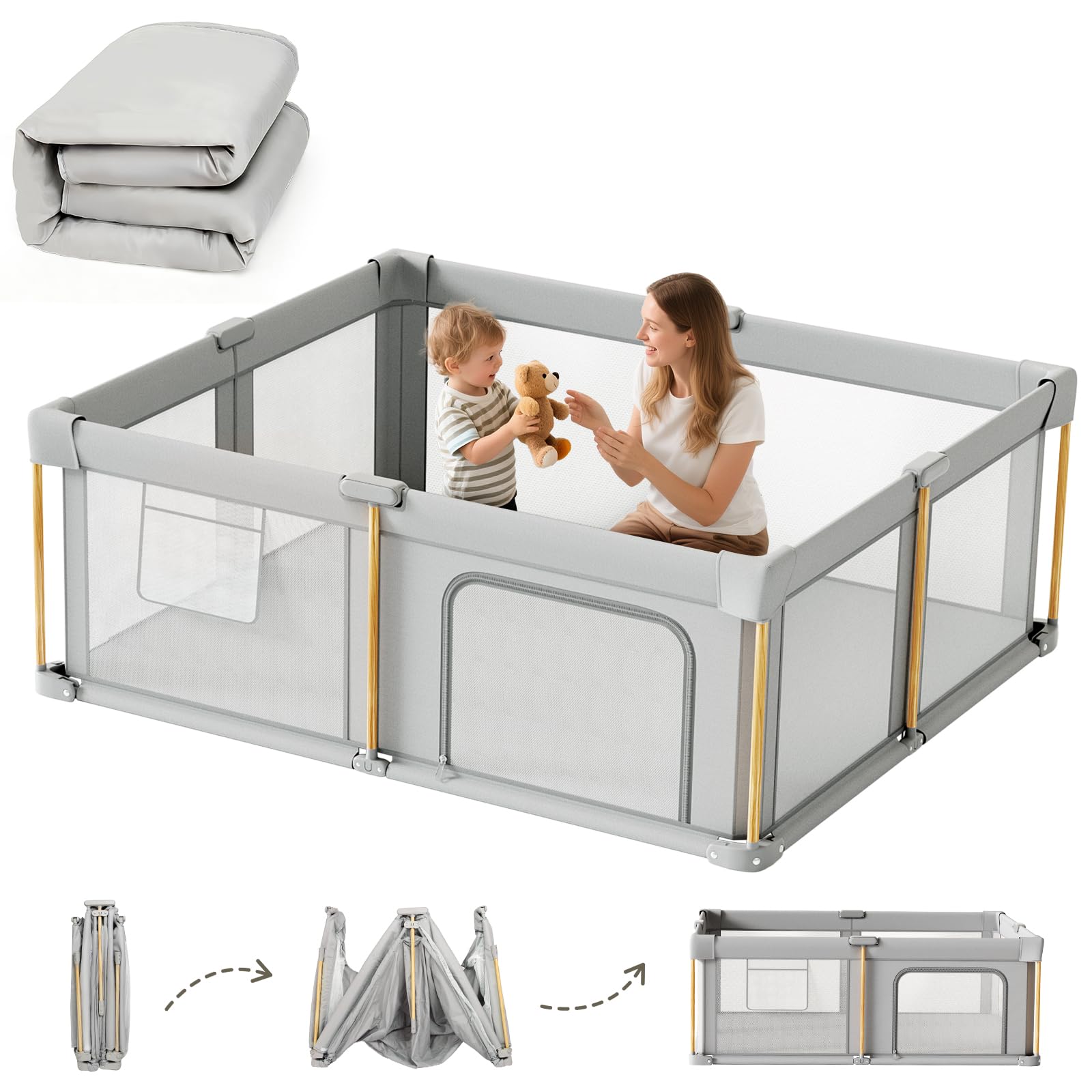 Foldable Baby Playpen with Mat, 71x59 Foldable Play Pen for Babies and Toddlers,
