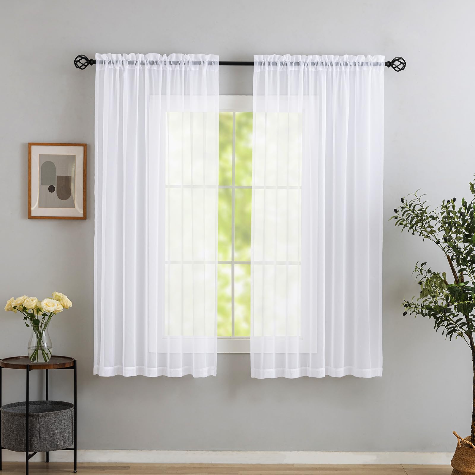 MYSTIC-HOME White Sheer Curtains 40"W x 54"L, 2 Panels, Rod Pocket, Modern, Unli