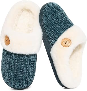 Evshine Women's Chenille Knit Fuzzy Slippers Memory Foam Warm House Shoes