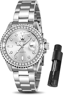 OLEVS - Orologi da donna con data, in acciaio inossidabile, argento, orologi di lusso da donna, con piccole scritture, con diamanti da donna, impermeabili, eleganti, al quarzo, analogici,