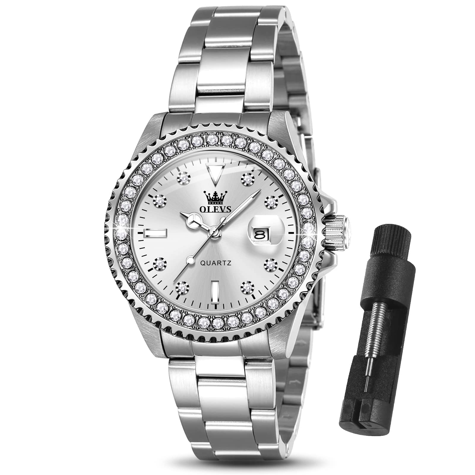OLEVS - Orologi da donna con data, in acciaio inossidabile, argento, orologi di 