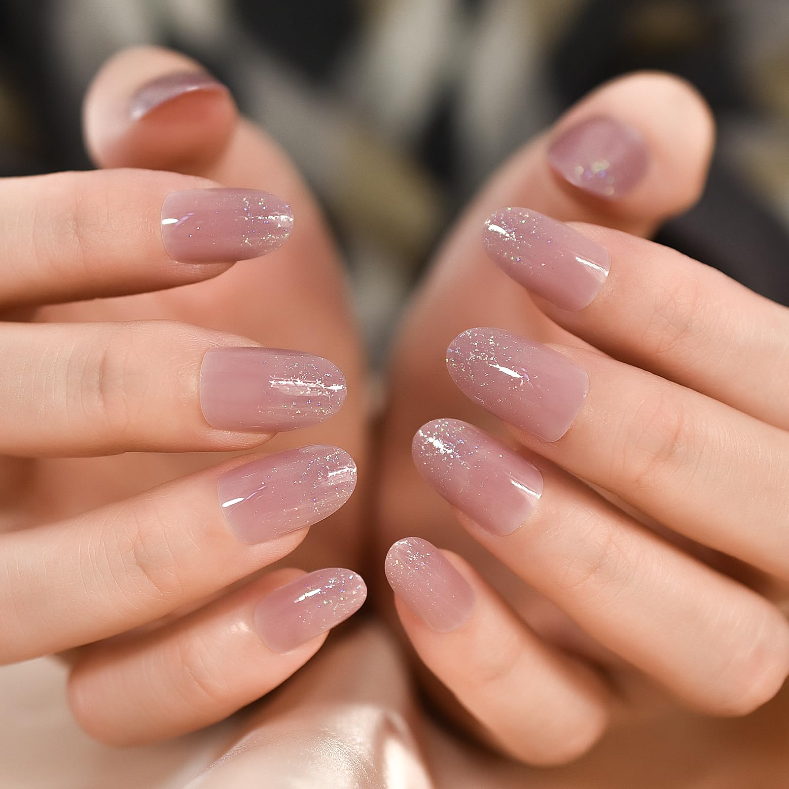 Glossy Purple Glitter Press on Nails Medium Length Oval Acrylic False Nails Fake