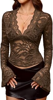 Clarisbelle Women's Lace Trim Bell Sleeve Blouse Deep V Neck Mesh Crop Top Shirt