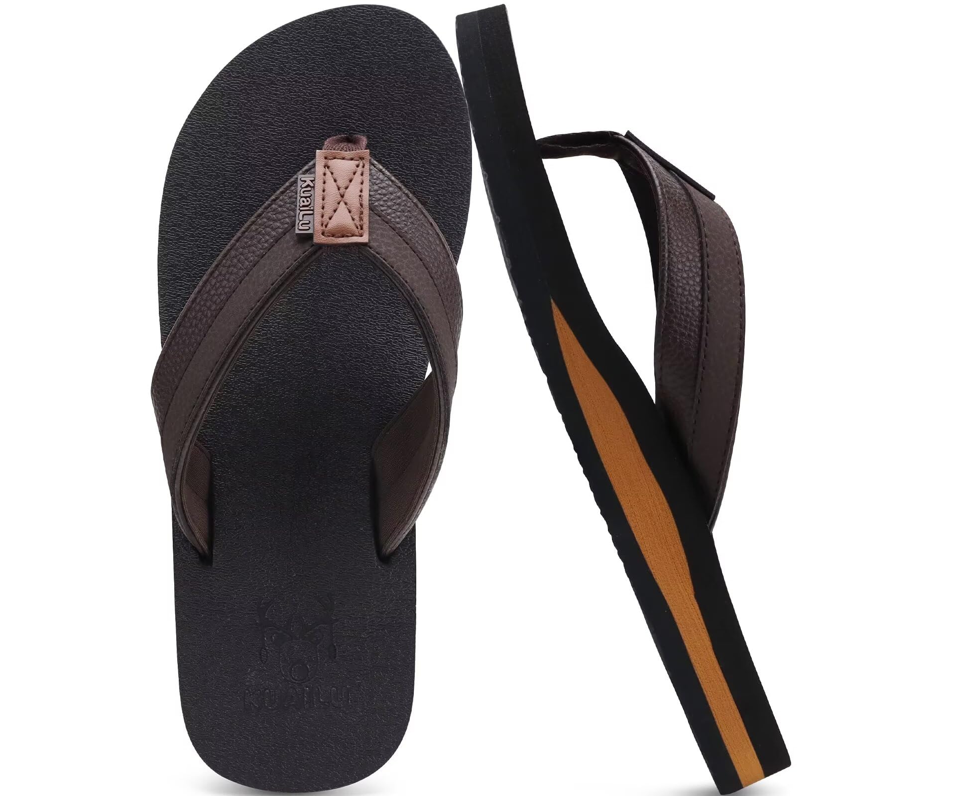 KuaiLu Flip-Flops, Men's Soft Leather Bathing Sandals, Comfy, Wide Feet, Yoga, F