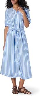 Amazon Essentials Women's Relaxed Fit Half-Sleeve Breathable Button Front Drawstring Waist Midi A-Line Dress with Pockets